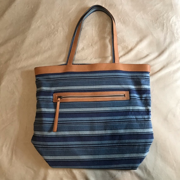 Blue stripe cotton zippered tote with leather trim - Picture 1 of 4